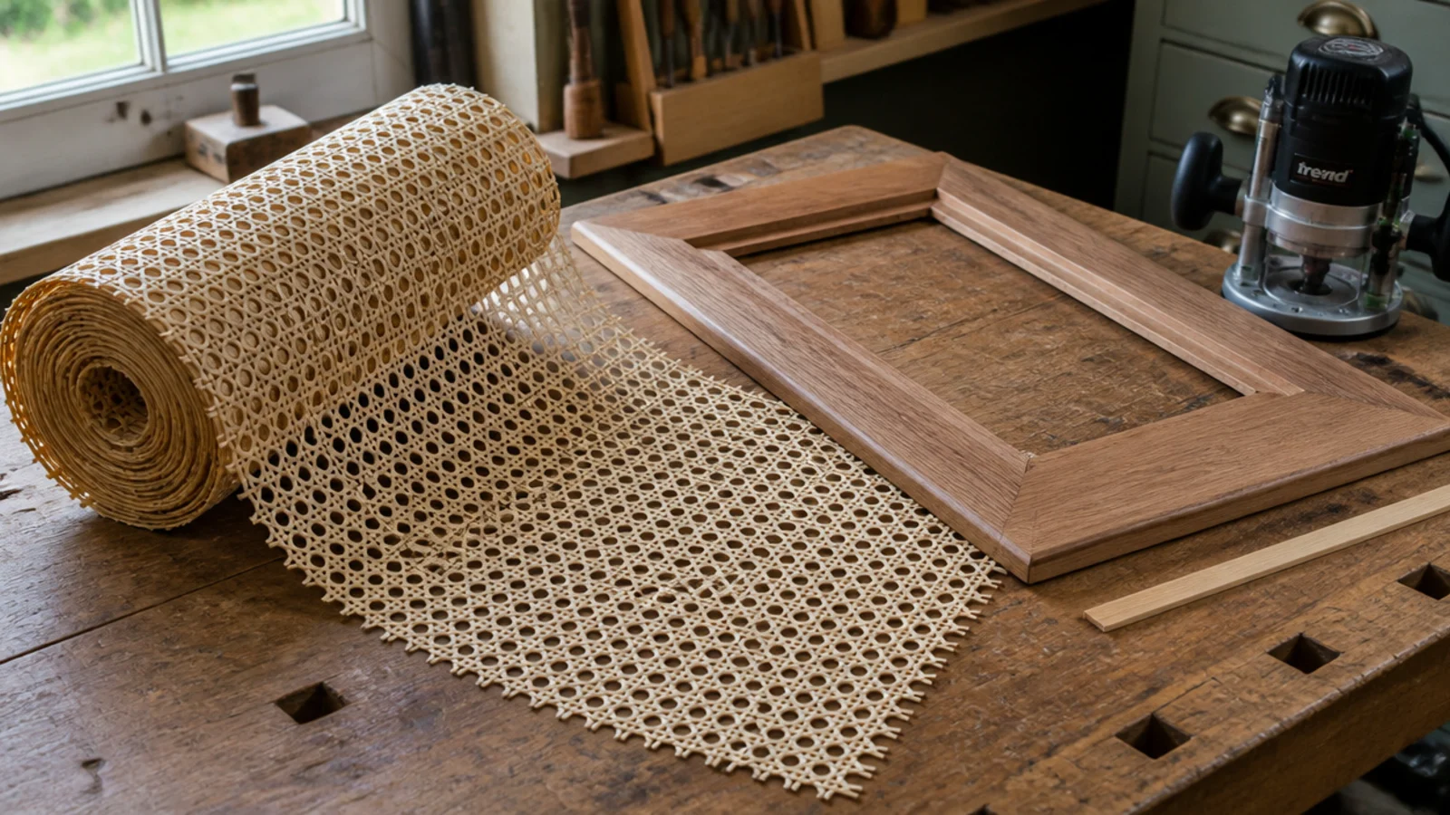 cane webbing being fitted into a rebated cabinet door frame