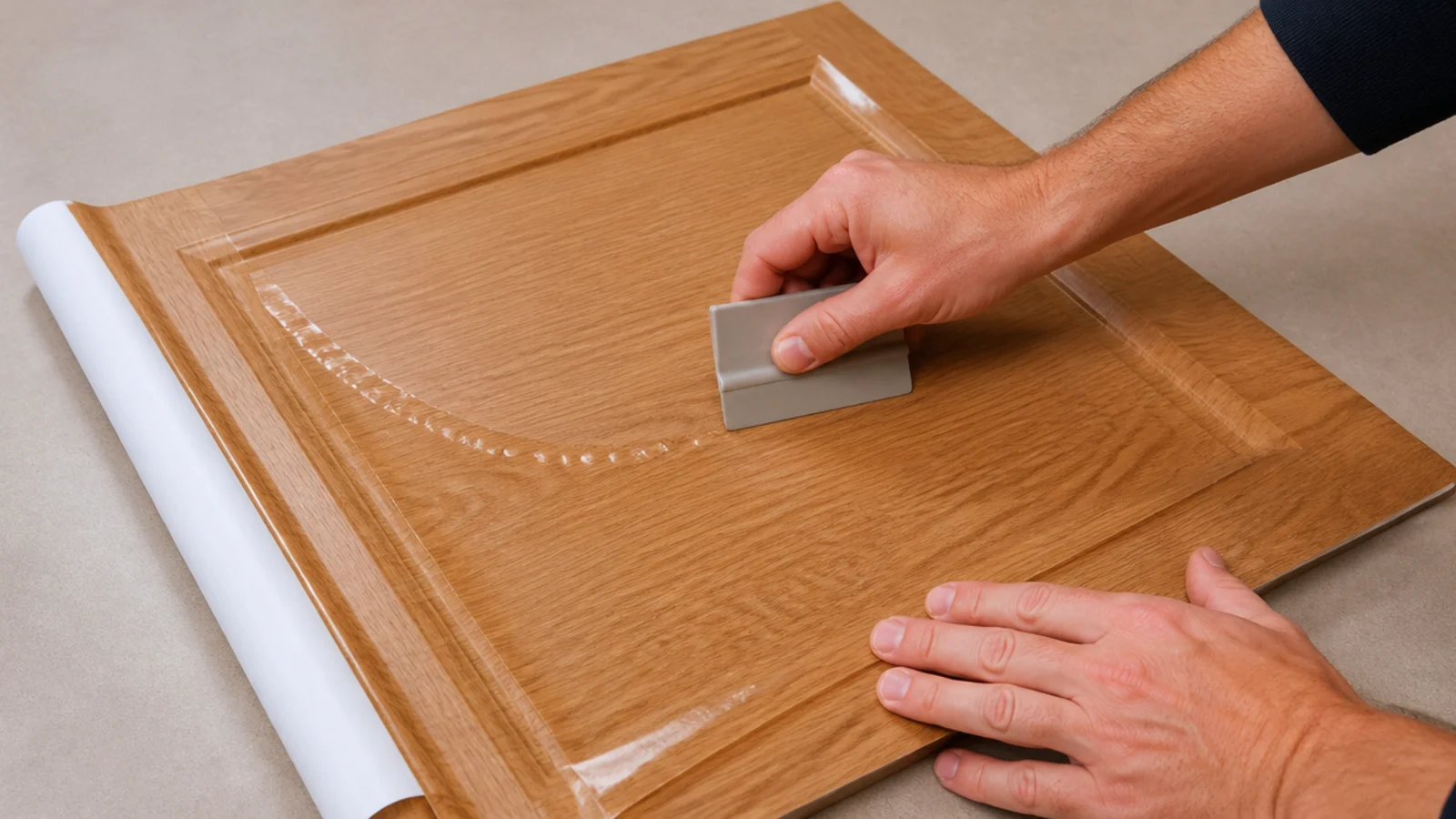 wood effect adhesive film being smoothed onto a cabinet door front