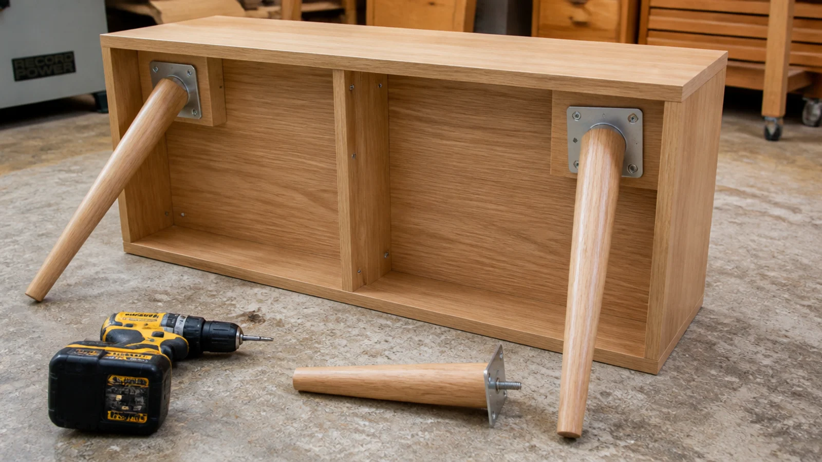 tapered wooden legs newly screwed to the base of a media cabinet