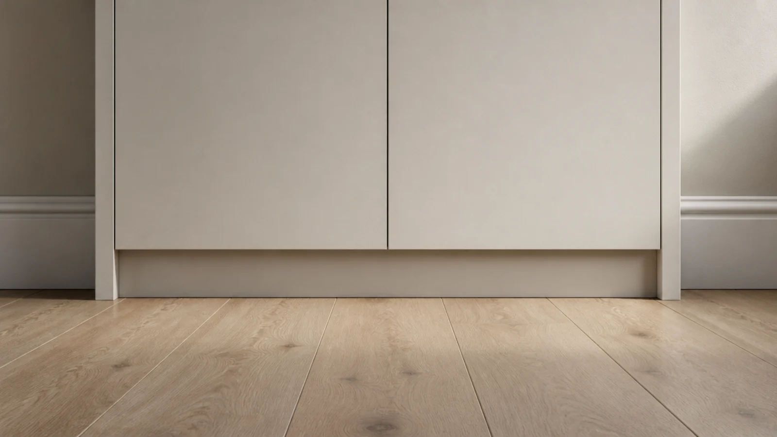 painted timber plinth raising a plain cabinet off a wooden floor