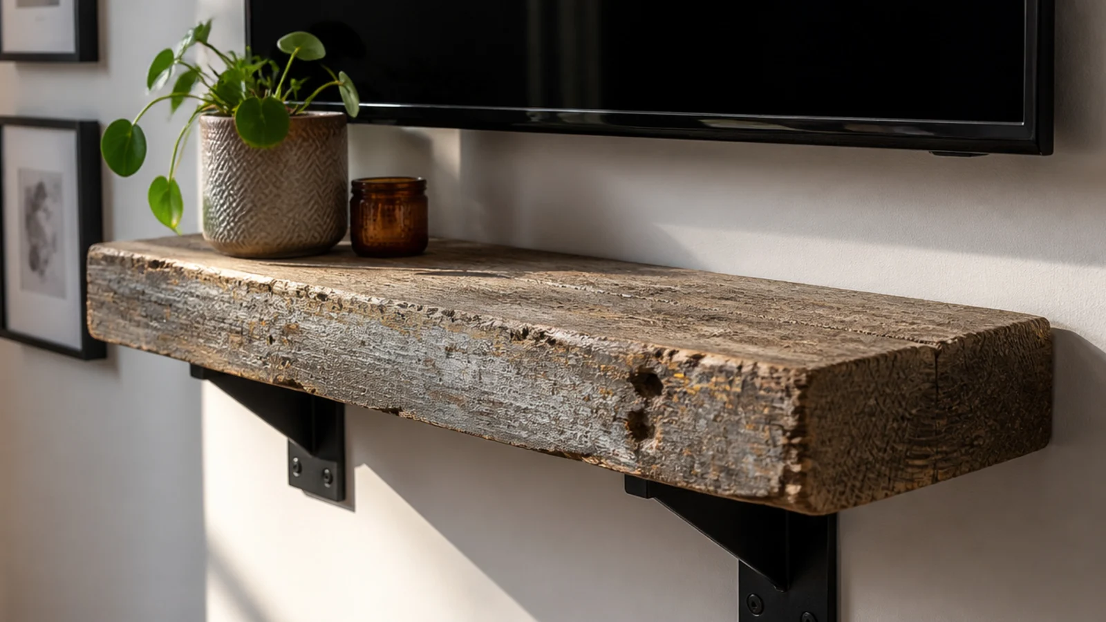 thick reclaimed scaffold board mounted as a shelf below a screen