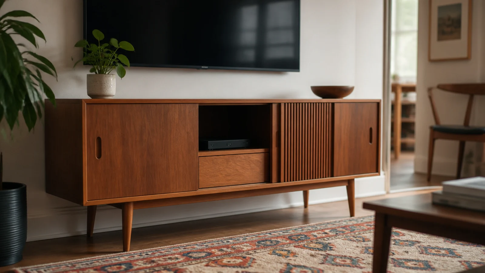 vintage teak sideboard reused as a media unit in a living room