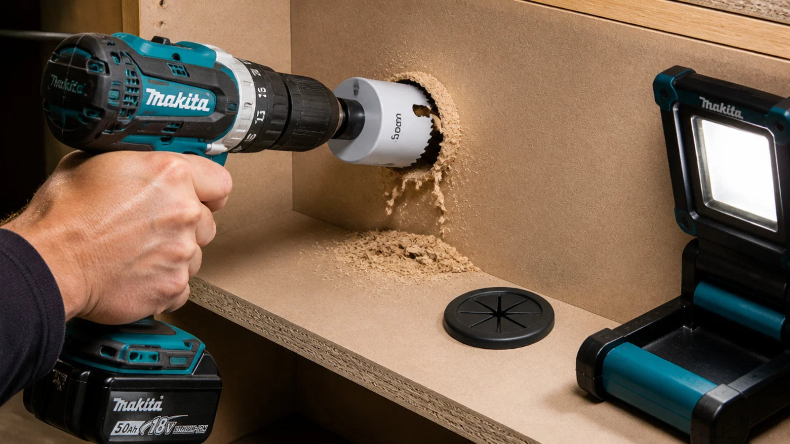 hole saw cutting a clean circle through a cabinet back panel
