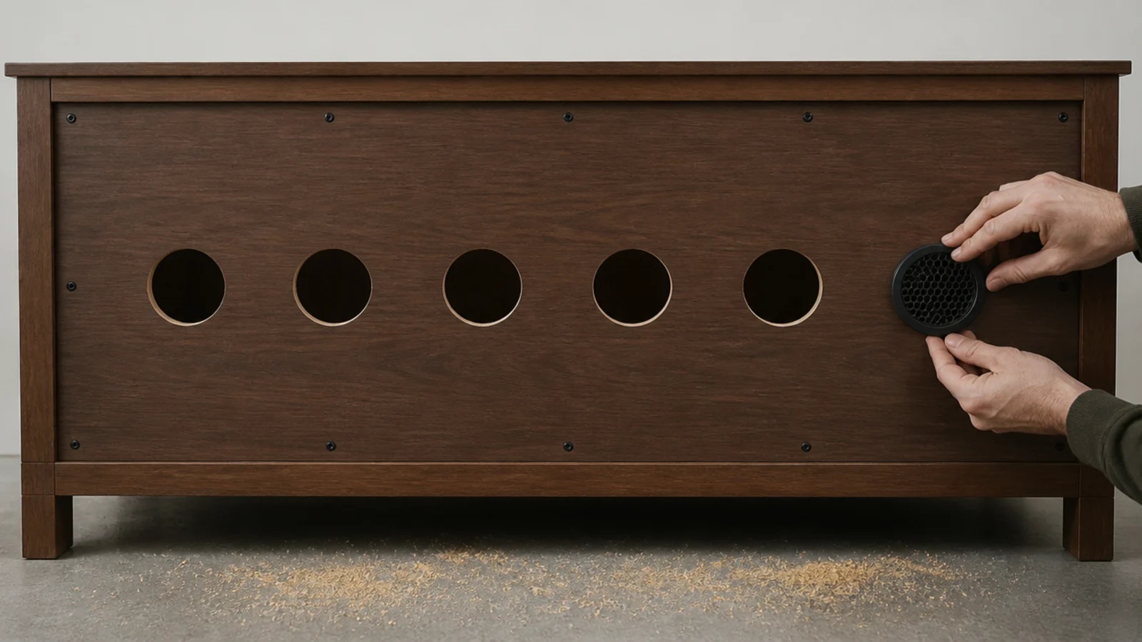 row of freshly drilled vent holes in the back of a media cabinet