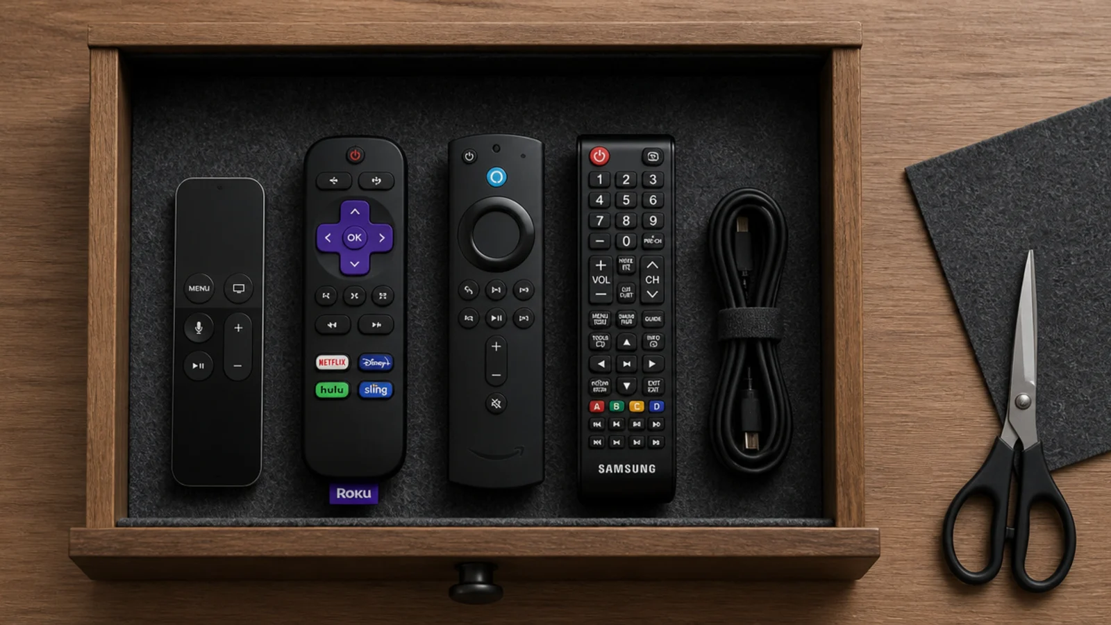 shallow drawer lined with felt holding remotes in a neat row