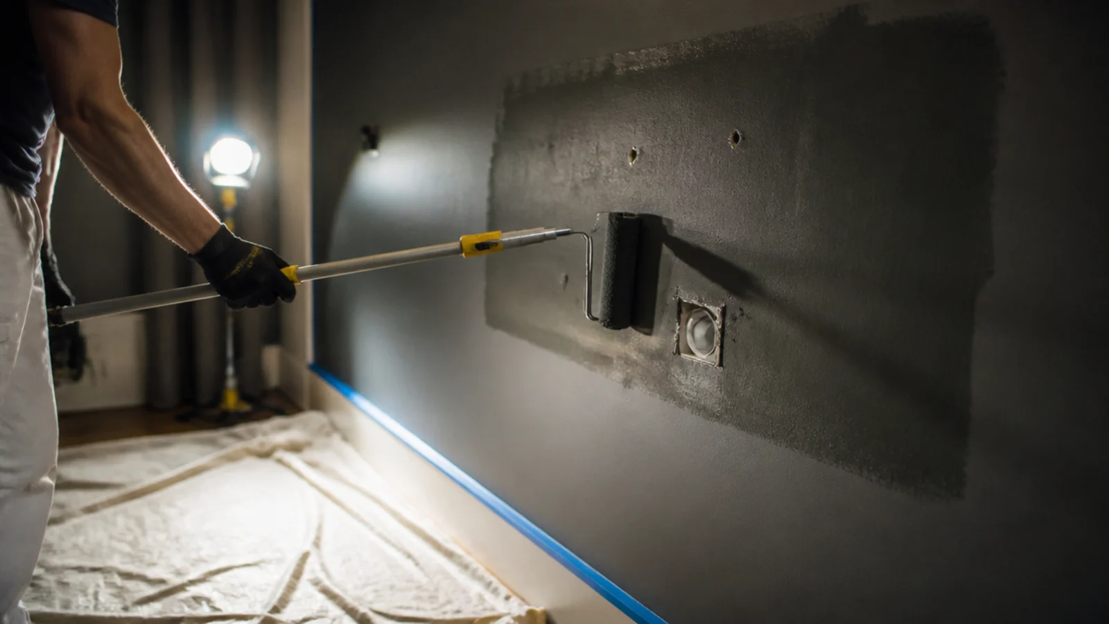 dark paint being rolled onto the wall directly behind a television