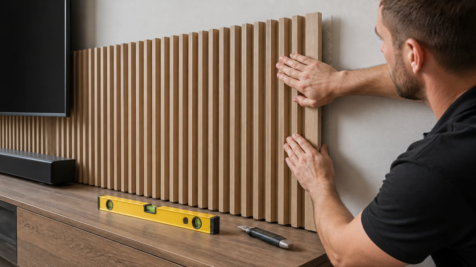 adhesive fluted panel being pressed onto a wall behind a media unit