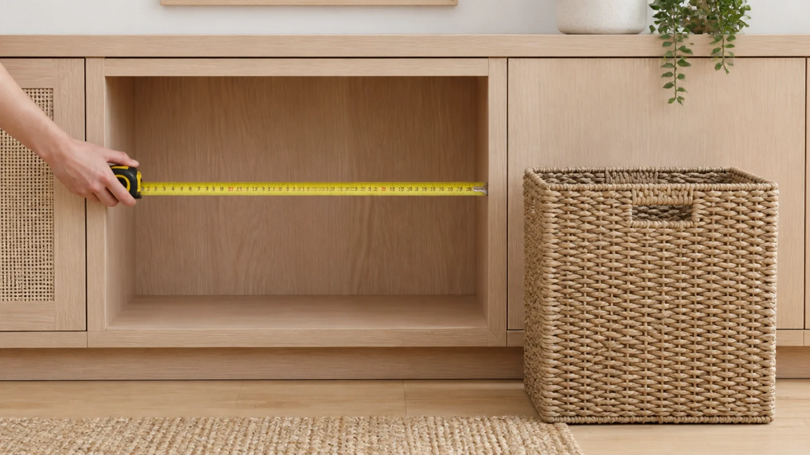 tape measure held inside a cubby with a basket waiting beside it