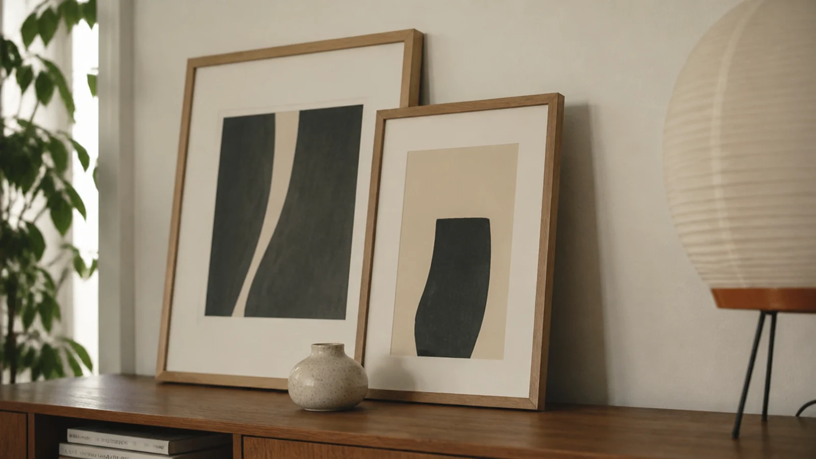 framed prints leaning against the wall on a media unit top