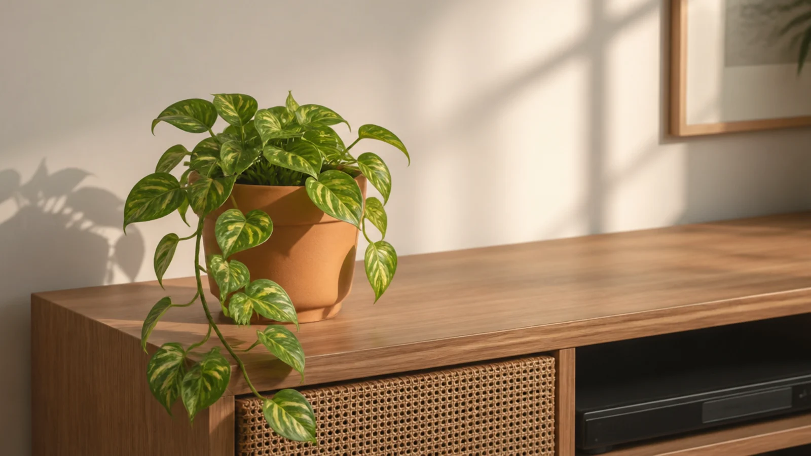 single trailing plant on a media unit replacing a group of ornaments