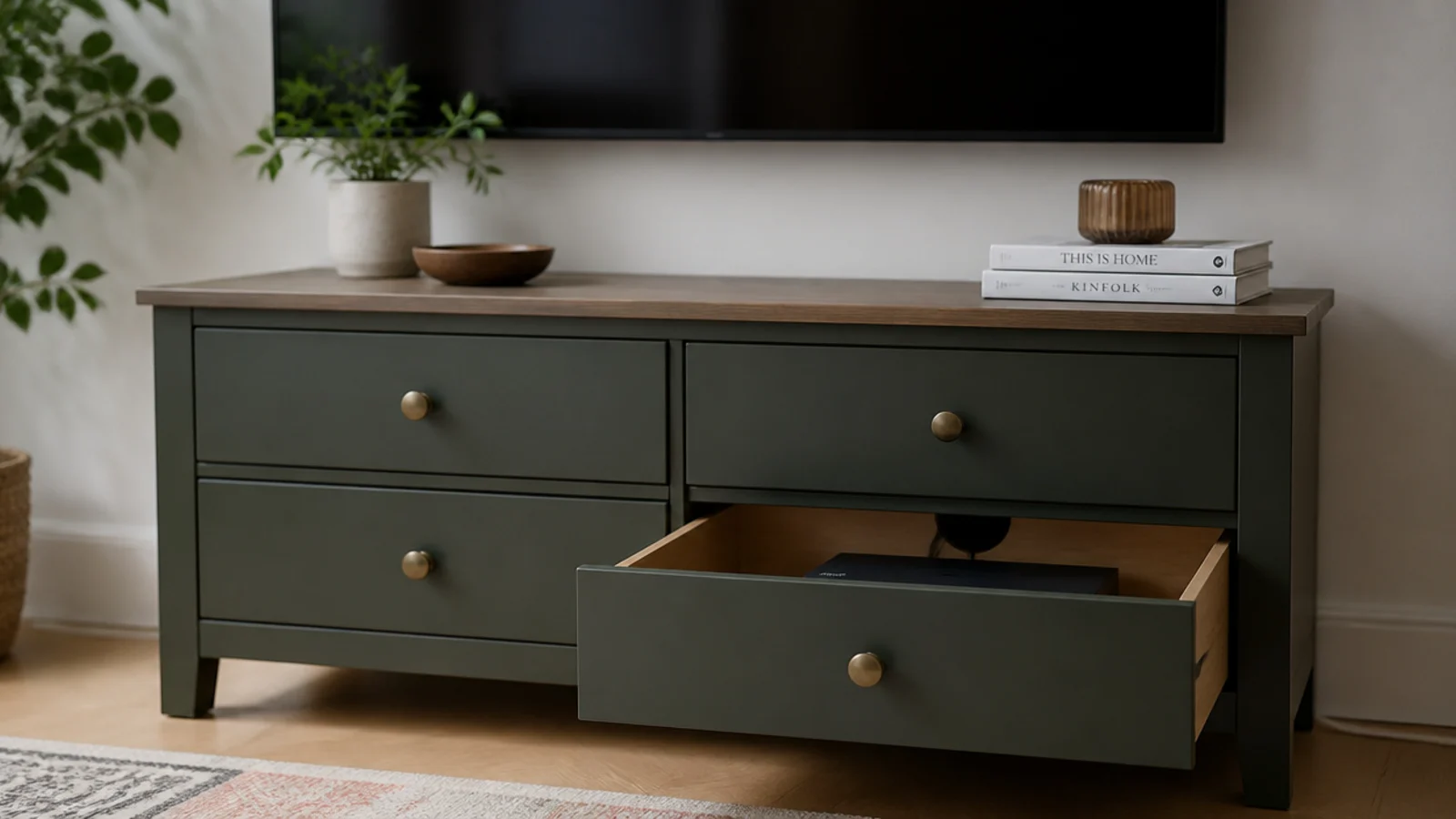 low chest of drawers used as a media unit with the back cut open