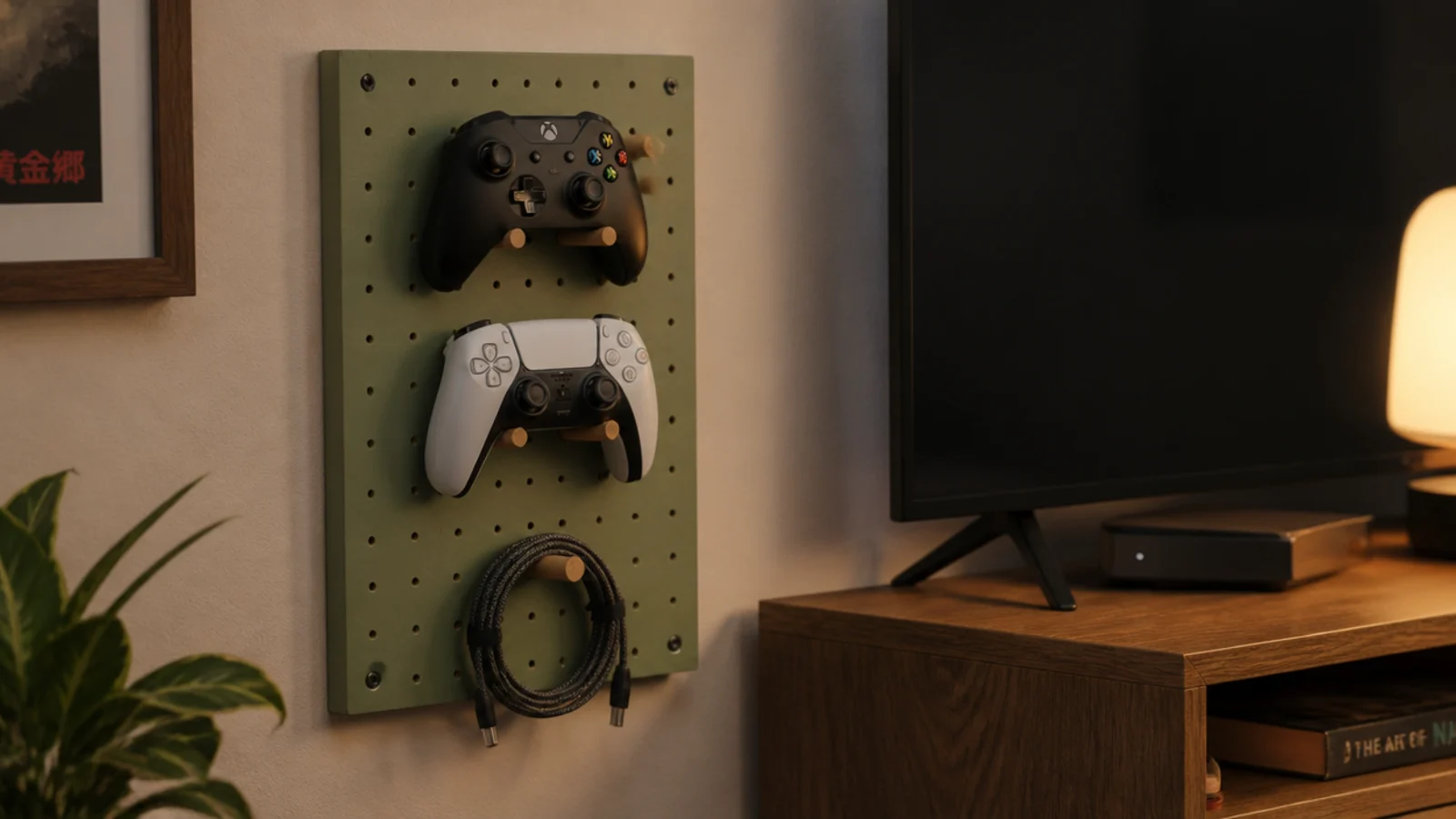 compact pegboard beside a media unit holding controllers and cables