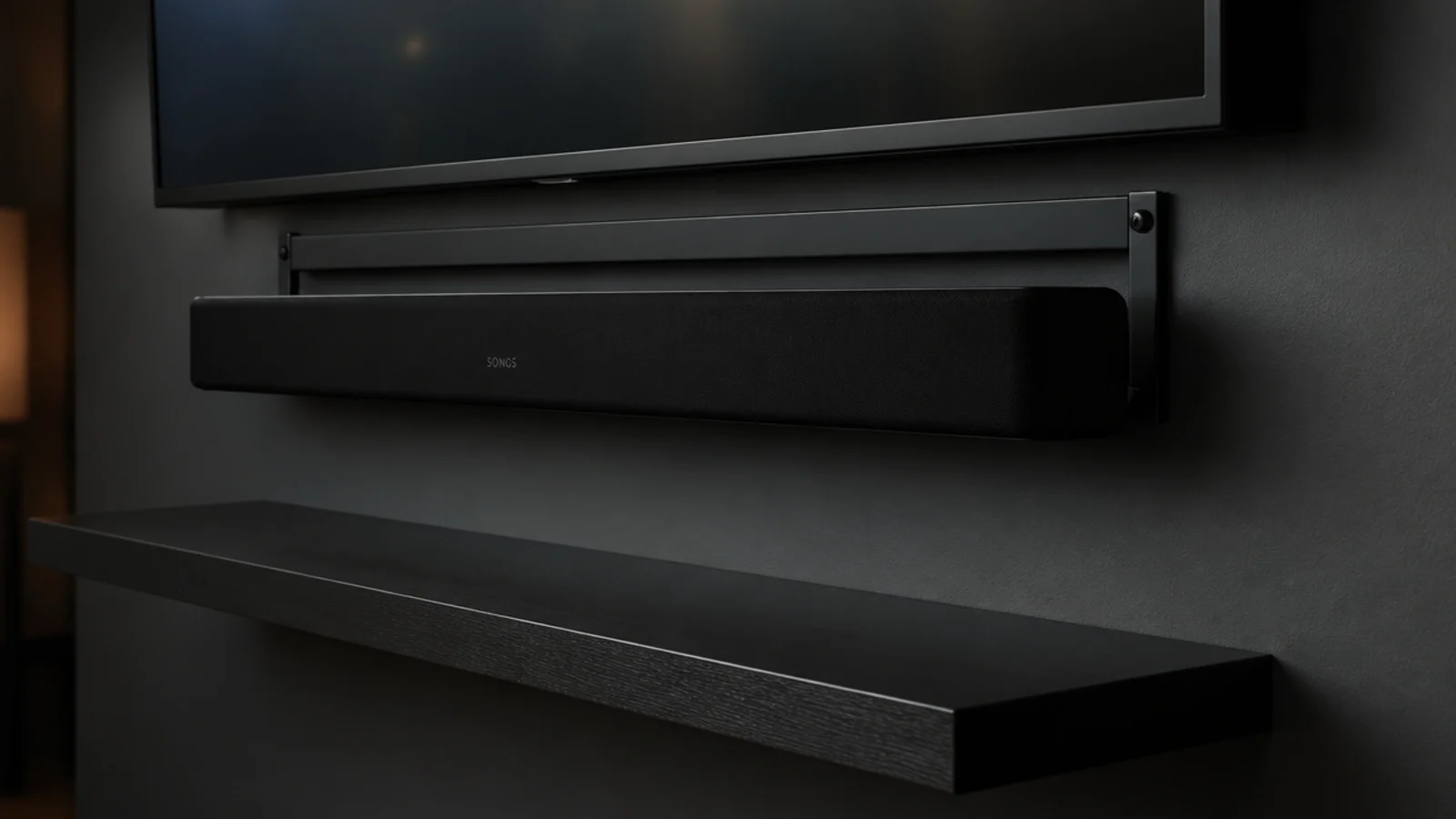 soundbar mounted on a bracket beneath a screen leaving shelves empty