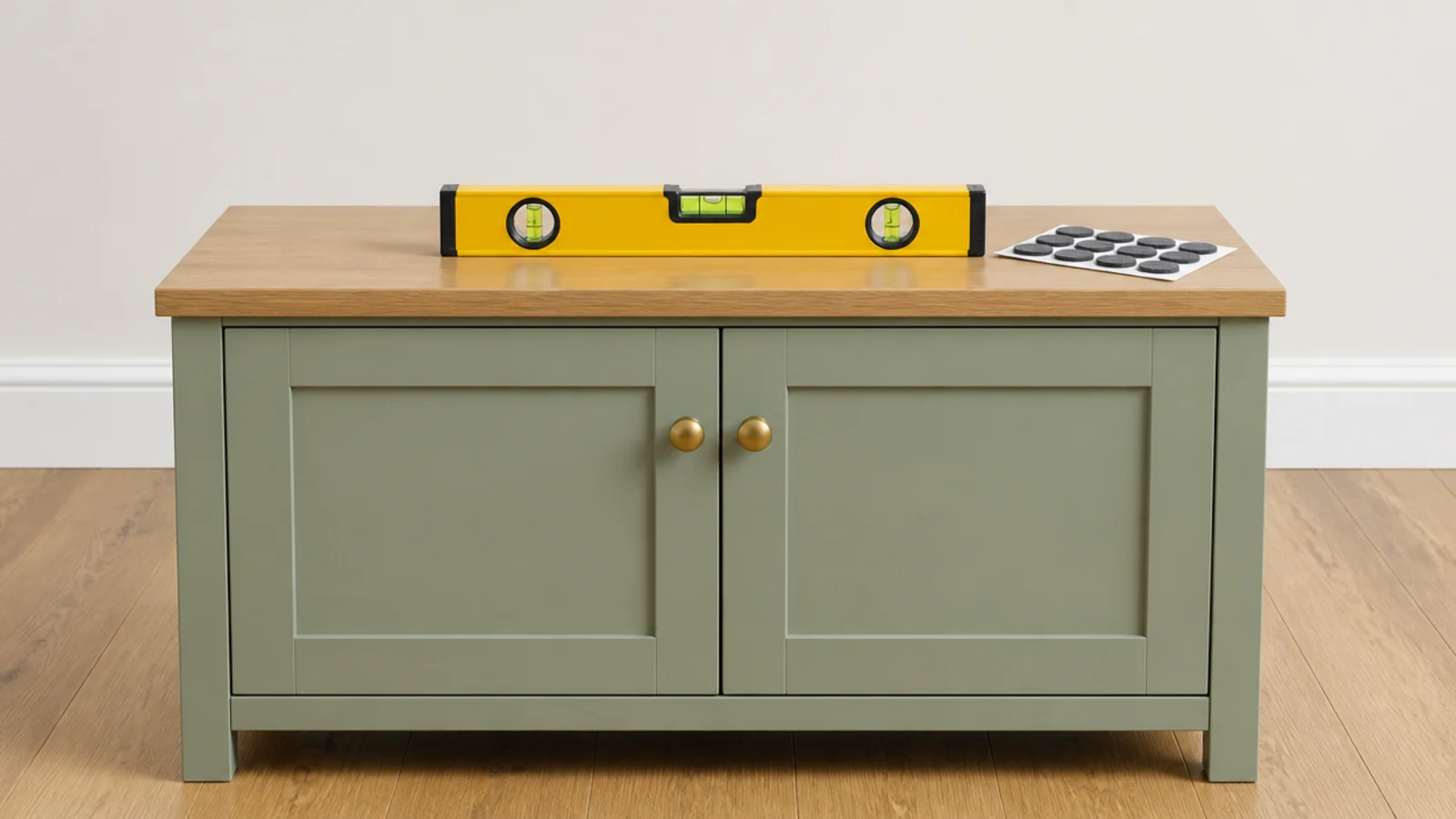 spirit level resting on a media unit top beside adhesive felt pads