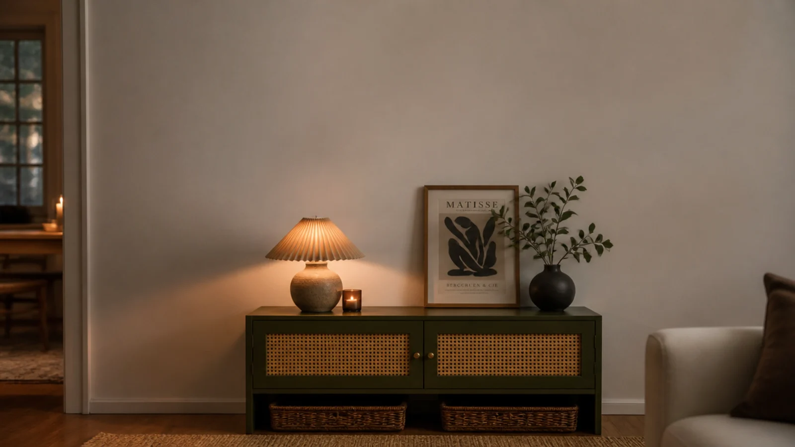 tall budget TV unit decor scene with painted cabinet cane doors and baskets