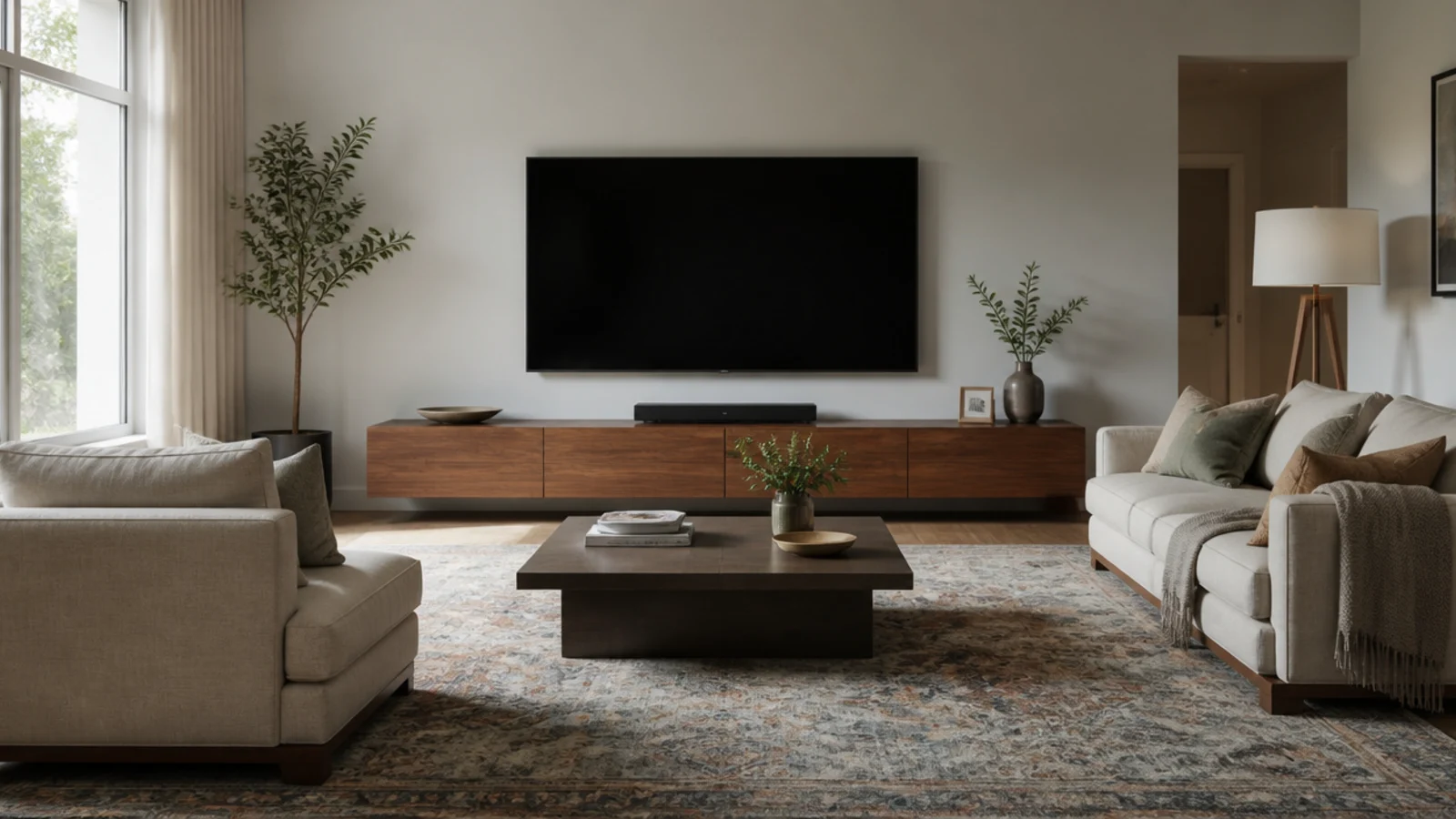 linen sofa positioned a full room width back from a large screen