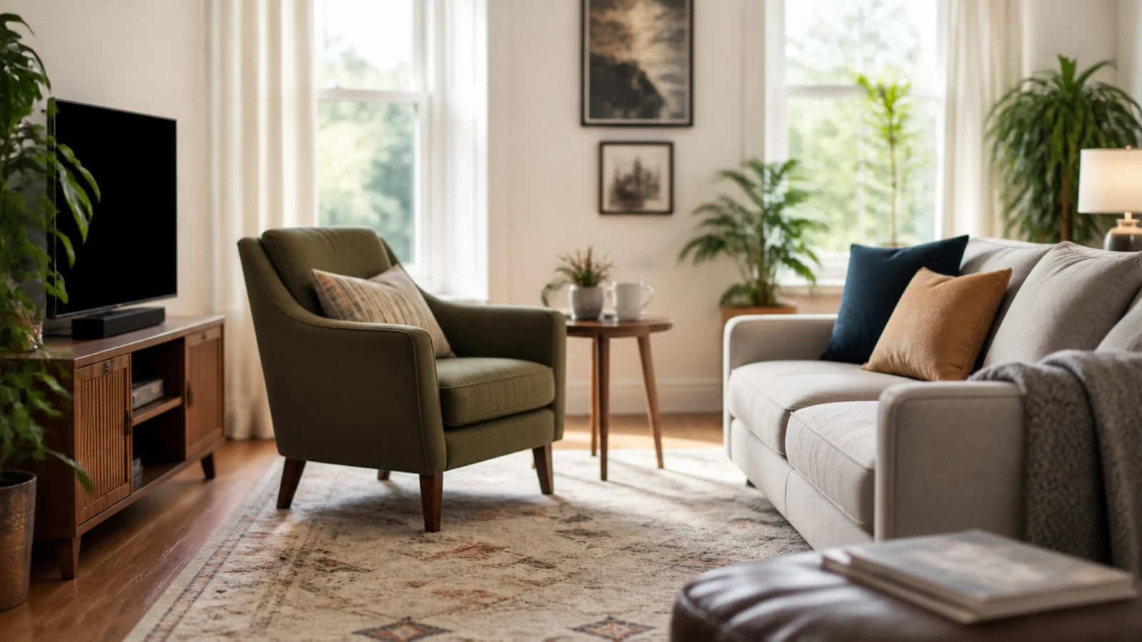 armchair angled toward a sofa rather than square to the screen