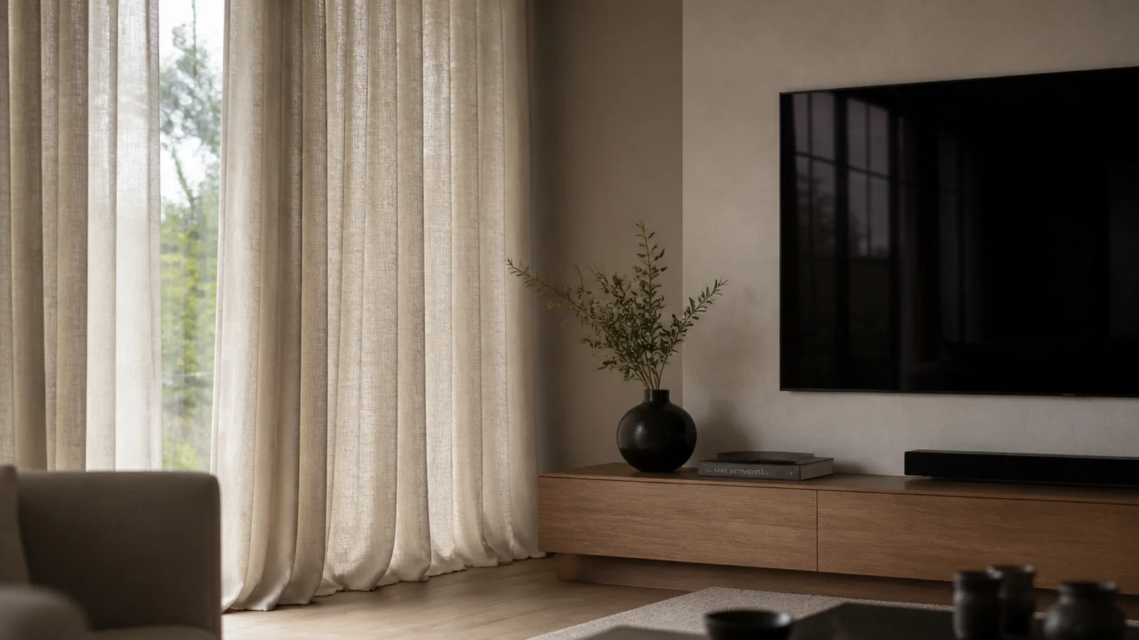 full length linen curtains framing the wall beside a television