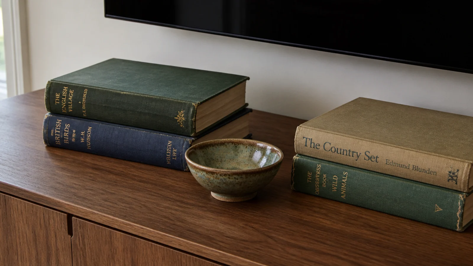 stack of hardback books and a ceramic bowl on a media cabinet top