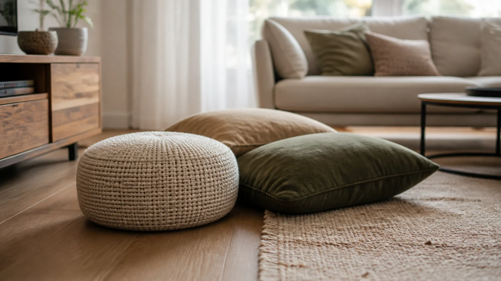 low pouffe and floor cushions gathered near a living room rug edge