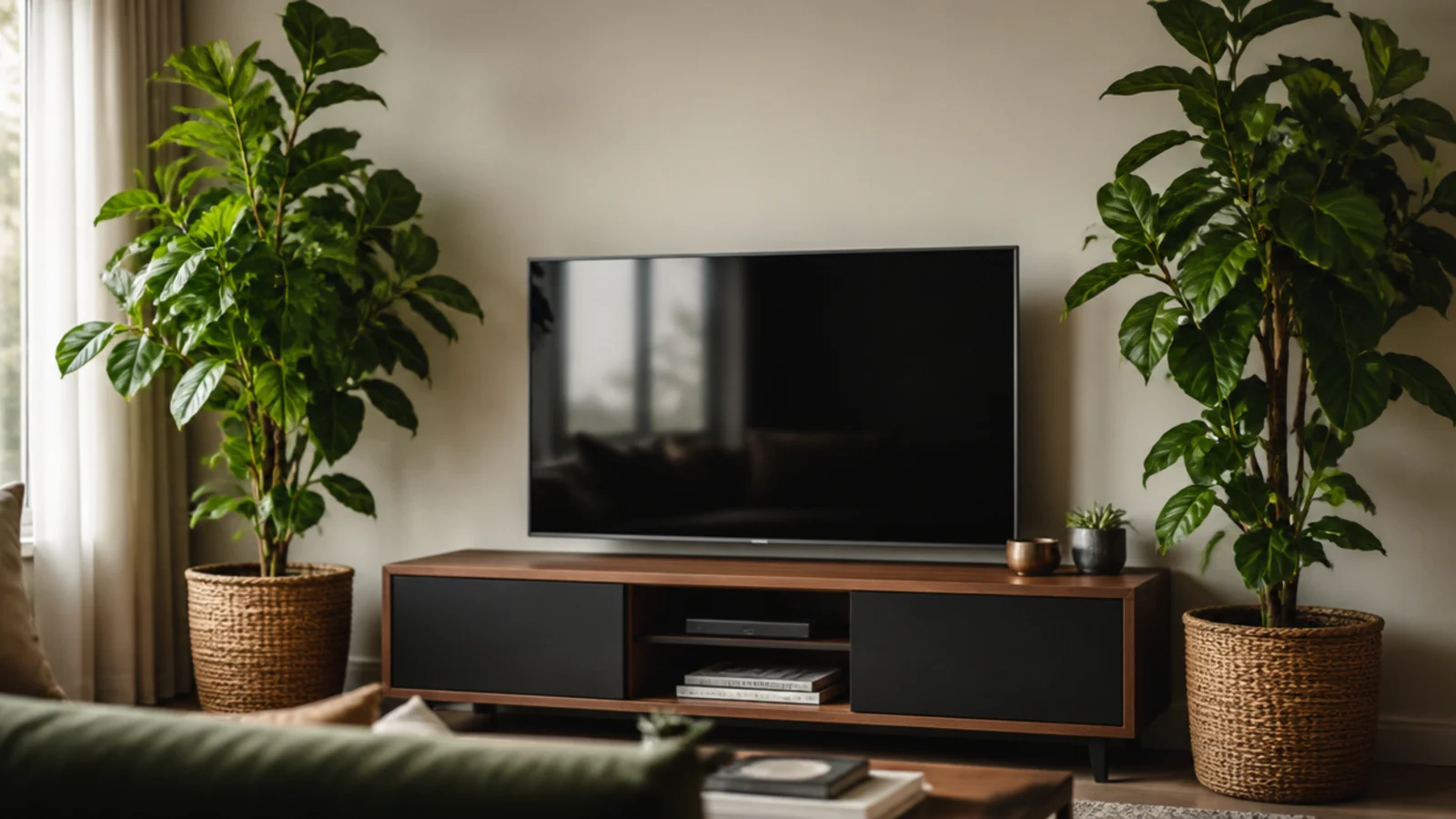 tall leafy plants standing at both ends of a media wall