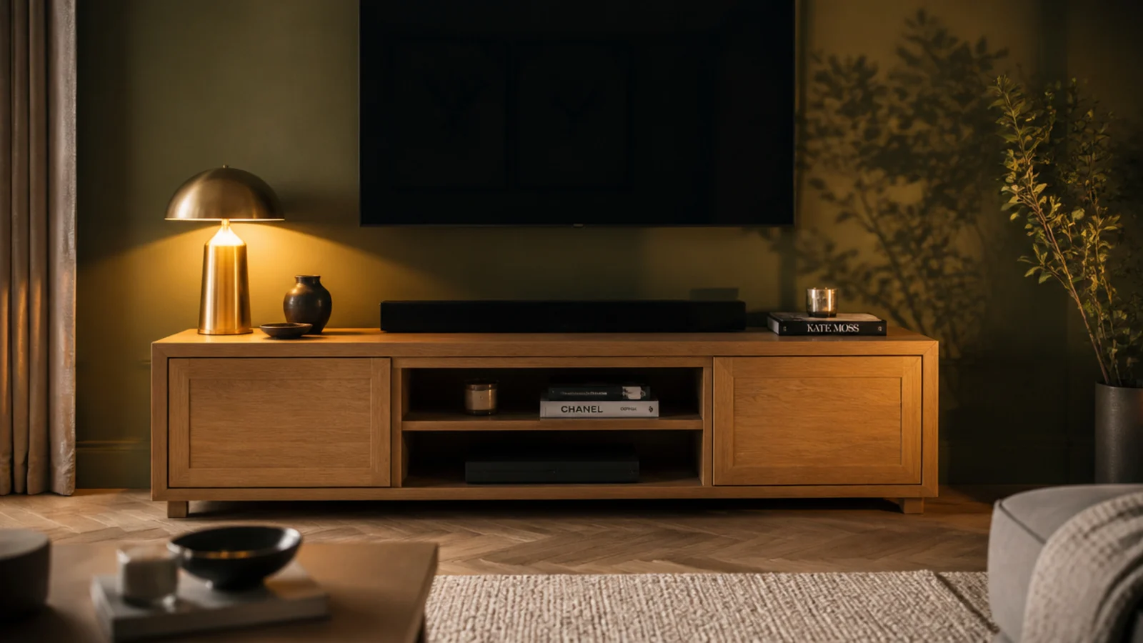 honey toned wooden unit standing against a deep green painted wall