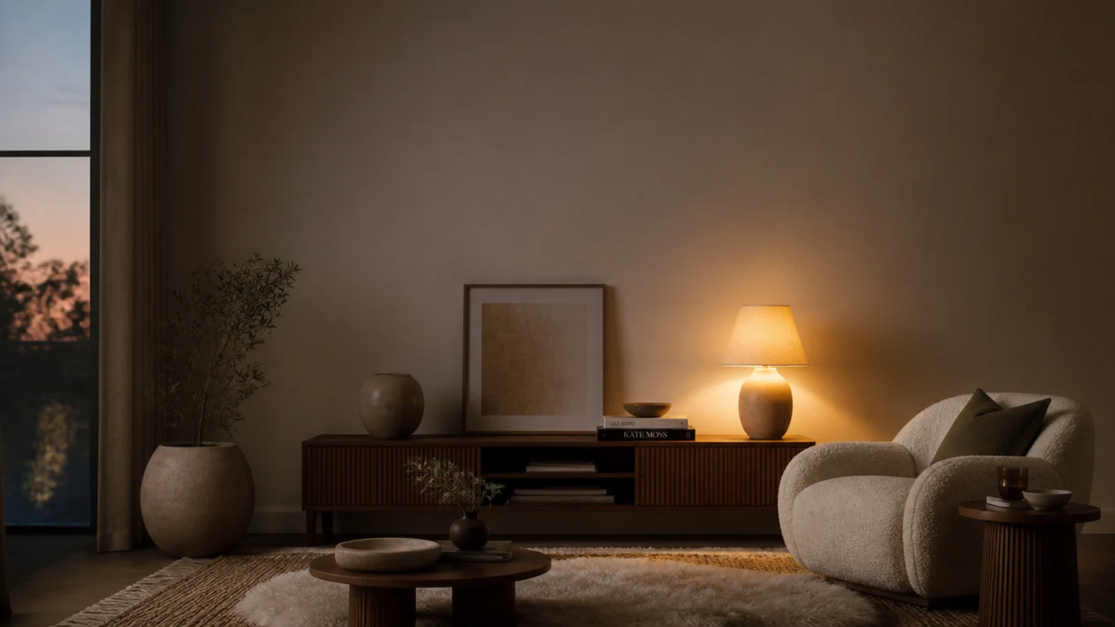 tall cozy living room view with a TV unit rug throws and warm lamps