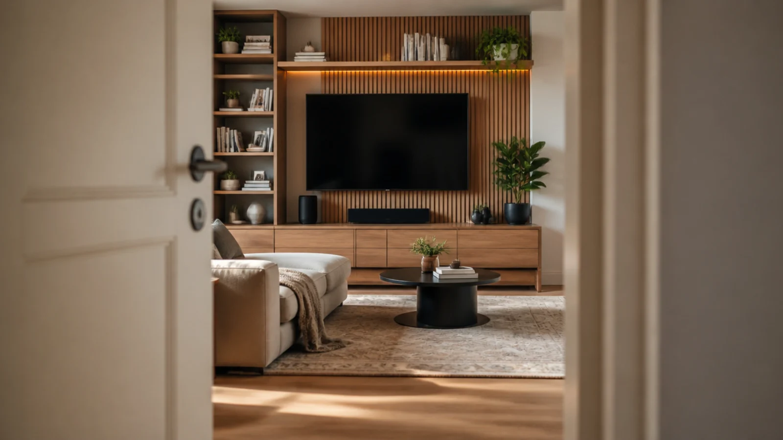 living room seen from the doorway showing the whole media wall composition