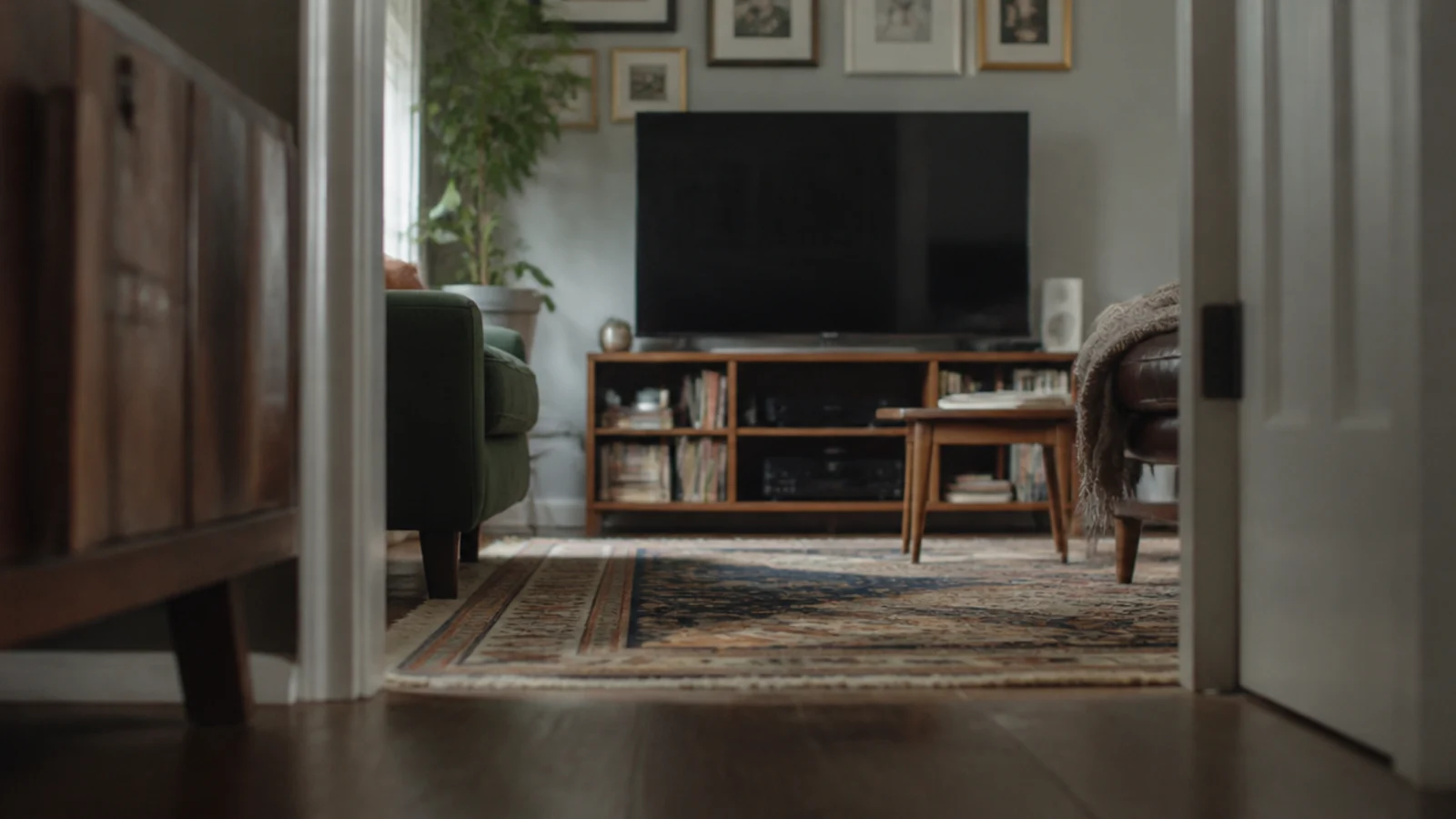 sightline from a doorway across a rug toward a mounted screen