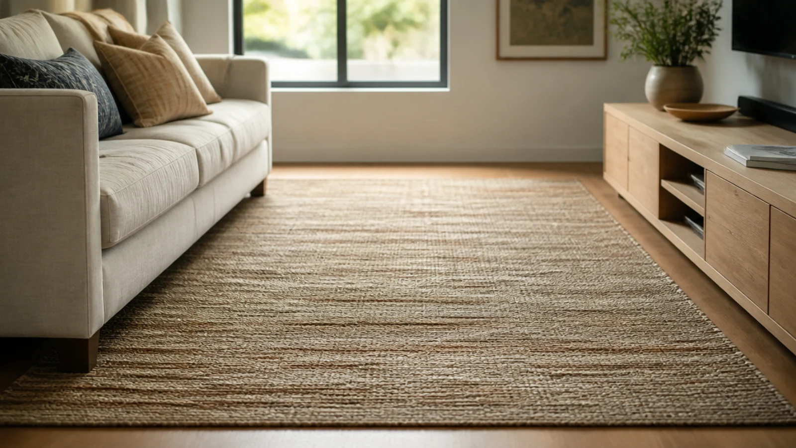 large rug reaching from under a sofa toward the base of a media unit