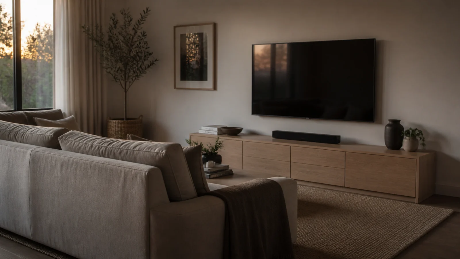 media unit top sitting well below the height of a nearby sofa back