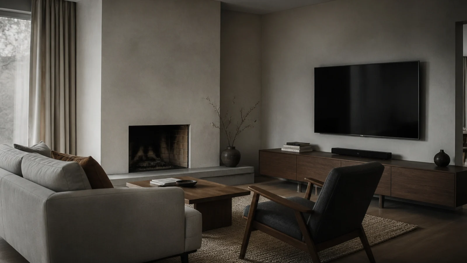 fireplace and media unit sharing a room without competing for attention