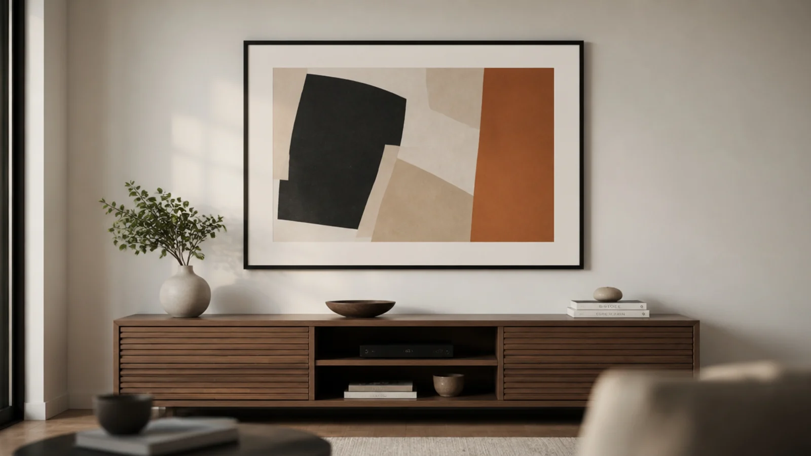 framed artwork sized to two thirds the width of the cabinet below