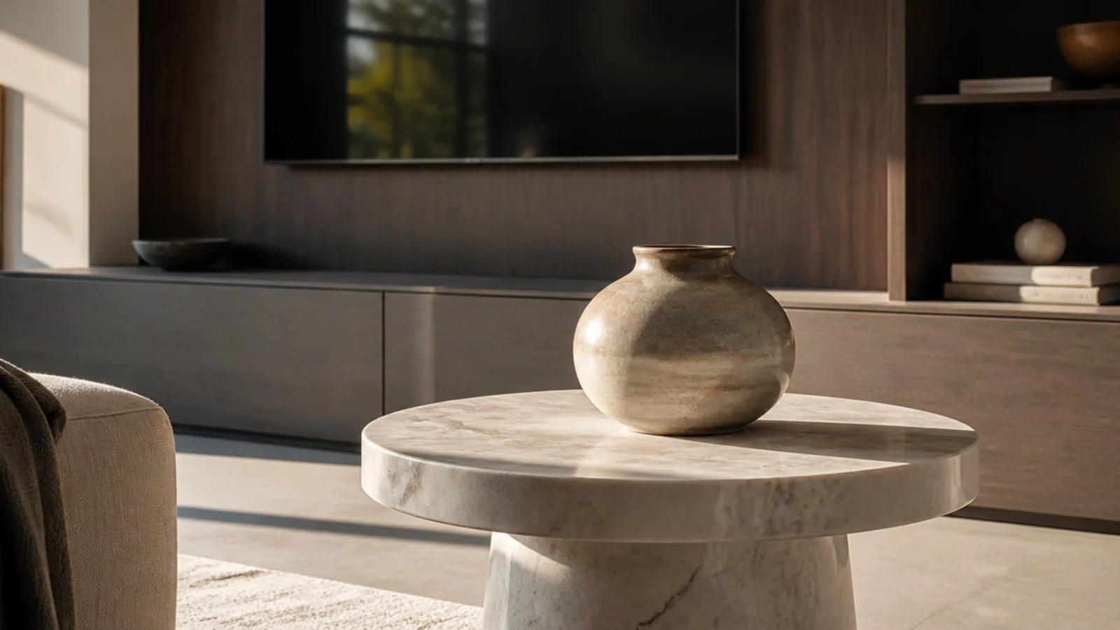 round side table and curved vase softening a wall of rectangles