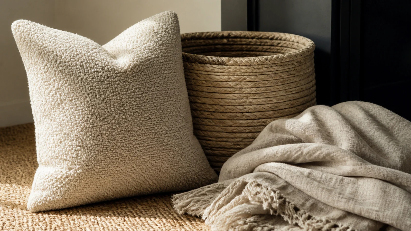 boucle cushion and woven basket adding texture beside a dark screen