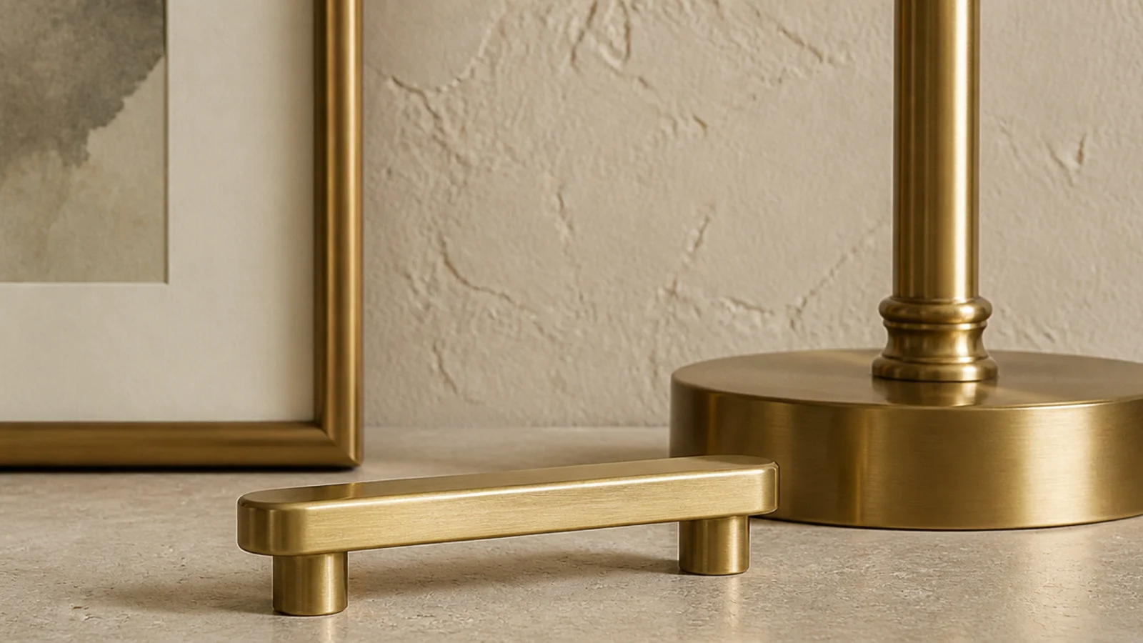 brushed brass pulls lamp and frame sharing one finish in a living room