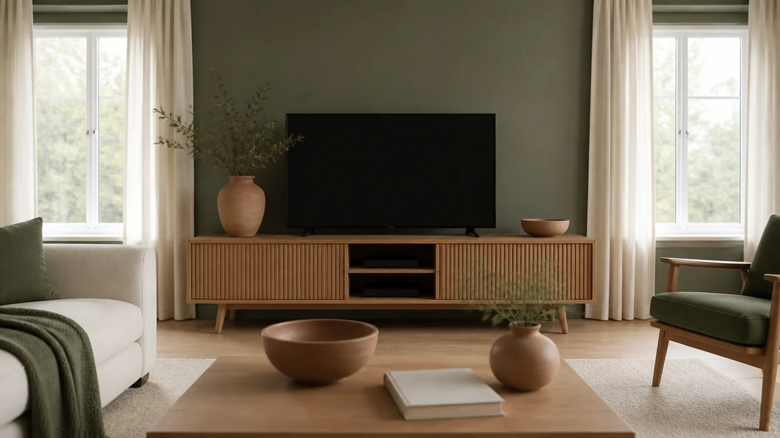 restrained living room palette of three tones with warm timber accents