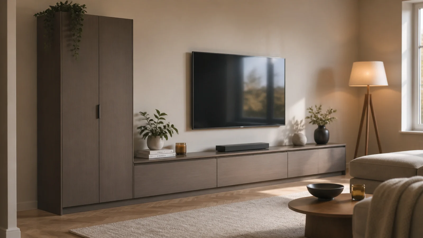 asymmetric media wall weighted with a tall cupboard at one end