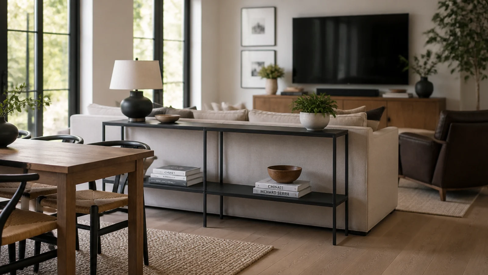 slim console behind a sofa dividing an open plan living space