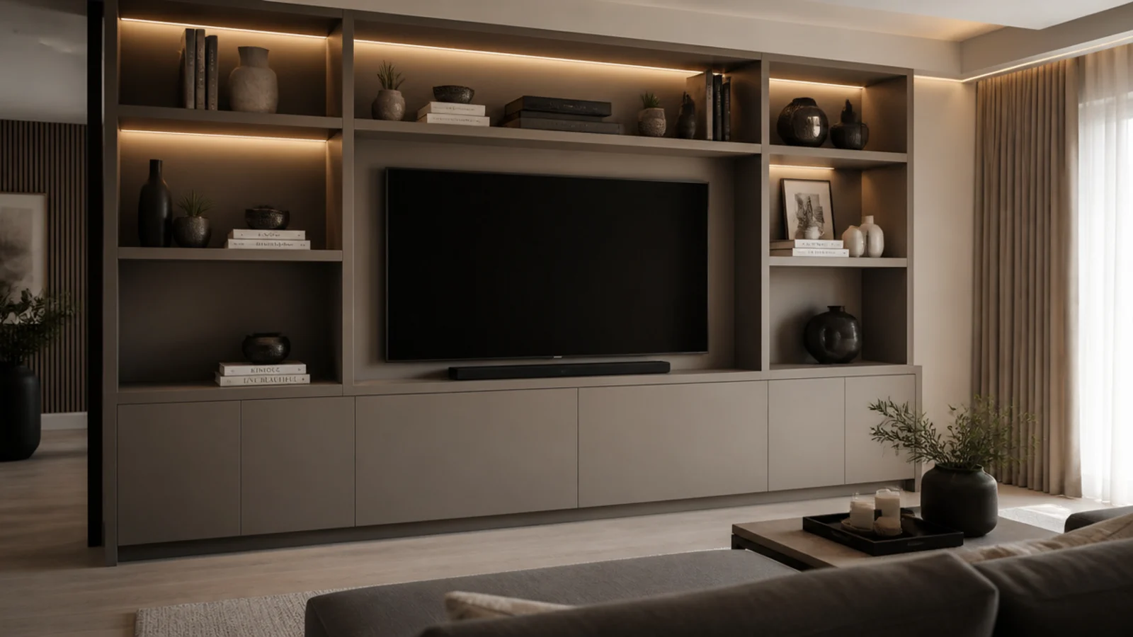 closed cabinet doors at seated eye height with open shelves above