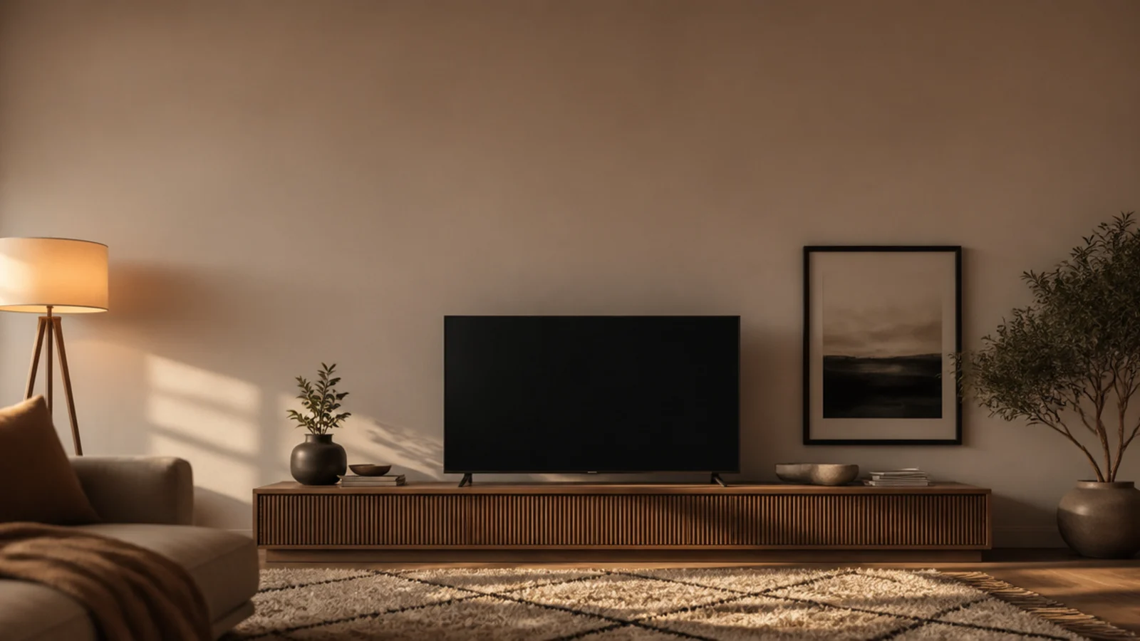 tall modern interior design view of a TV unit with rug and layered light