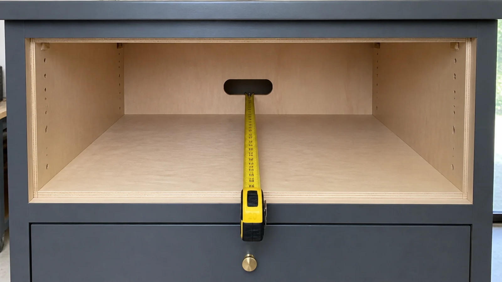 tape measure laid across the internal depth of an open media cabinet