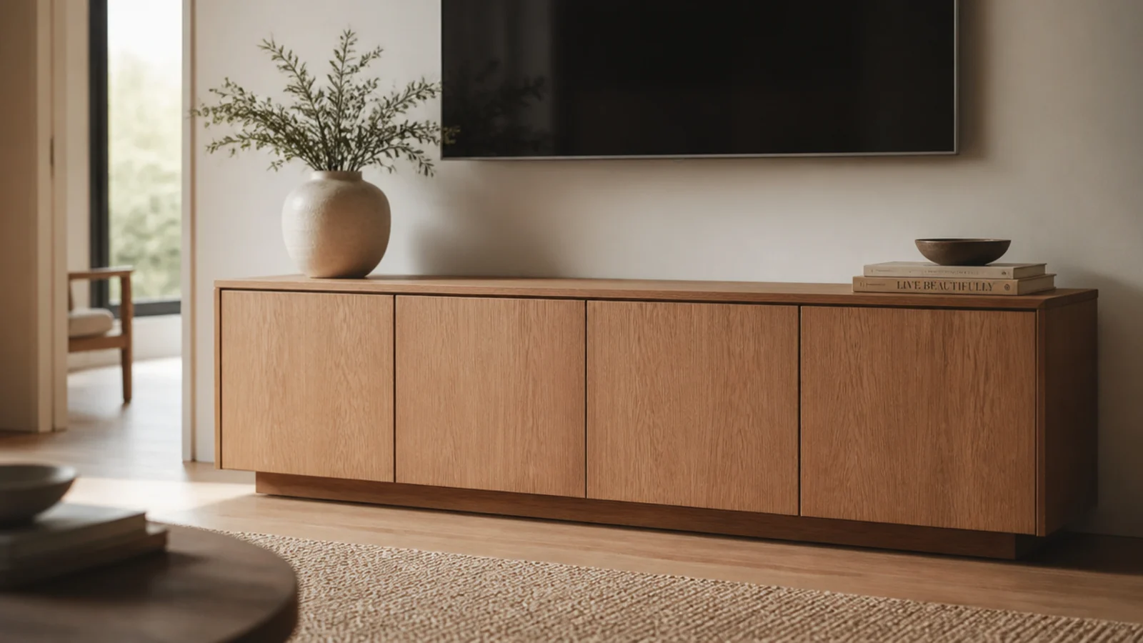 solid oak media sideboard standing low beneath a wall mounted screen
