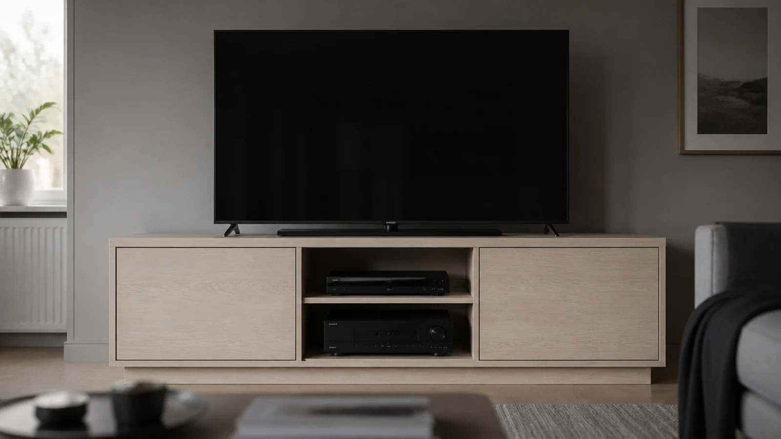 wide media cabinet with closed doors flanking an open central bay