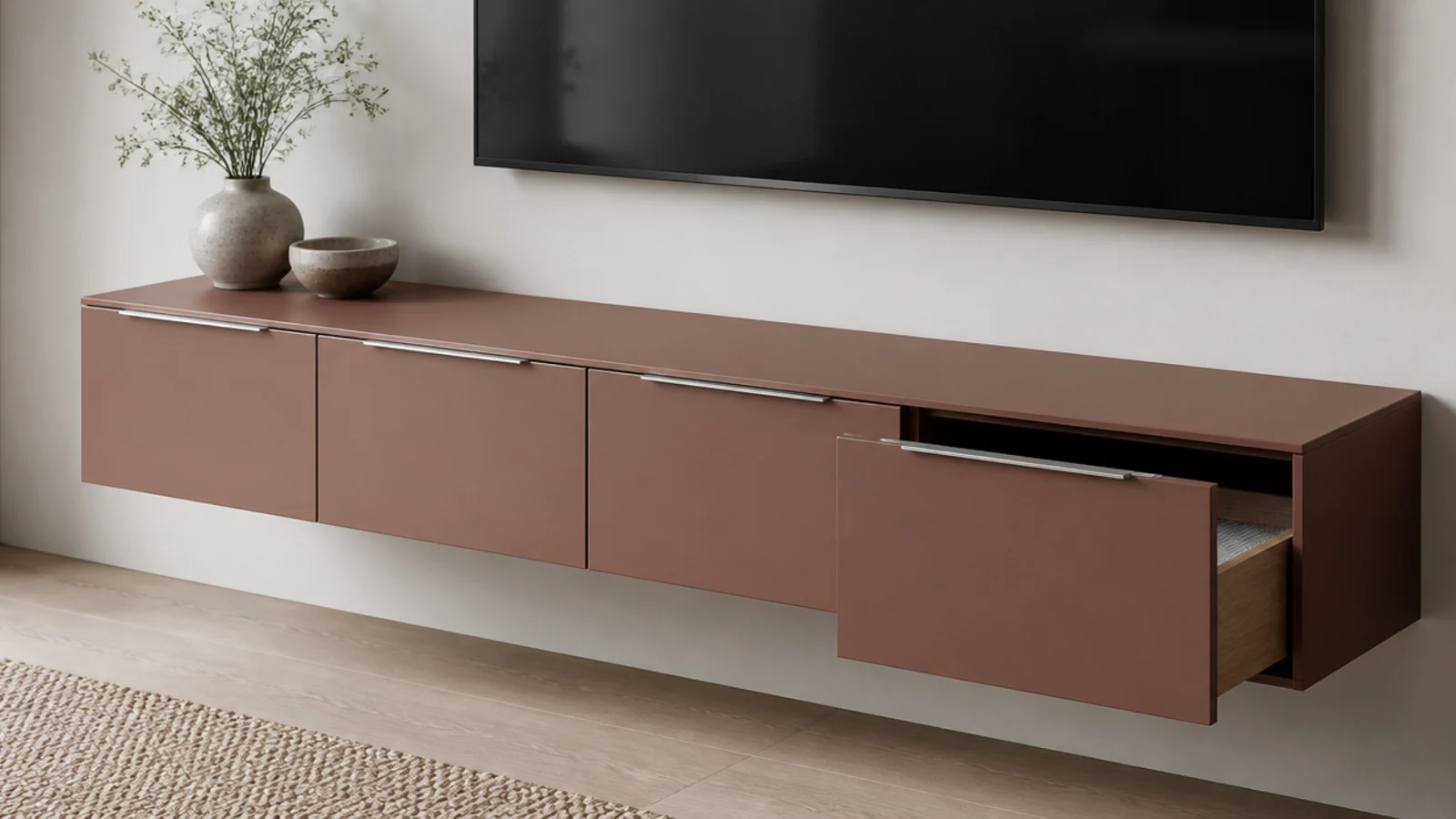 four drawer wall hung media unit in soft matte lacquer finish