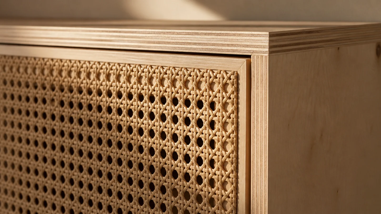 cane webbing door fronts set into a birch plywood media cabinet