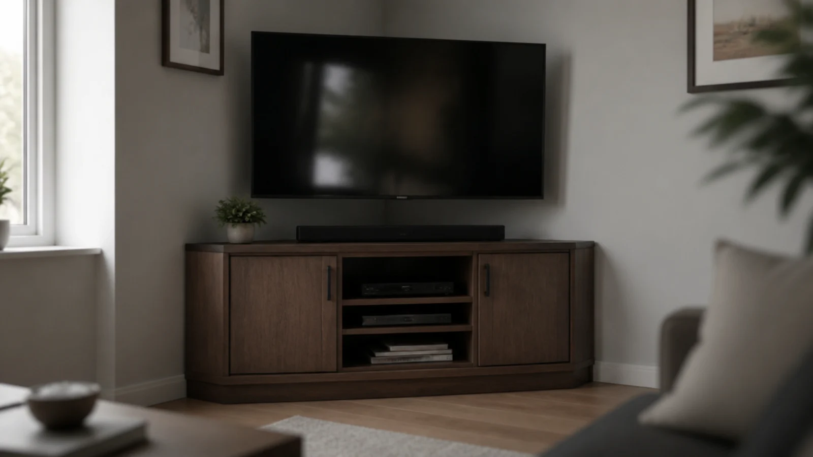 angled back media cabinet fitted tight into a living room corner