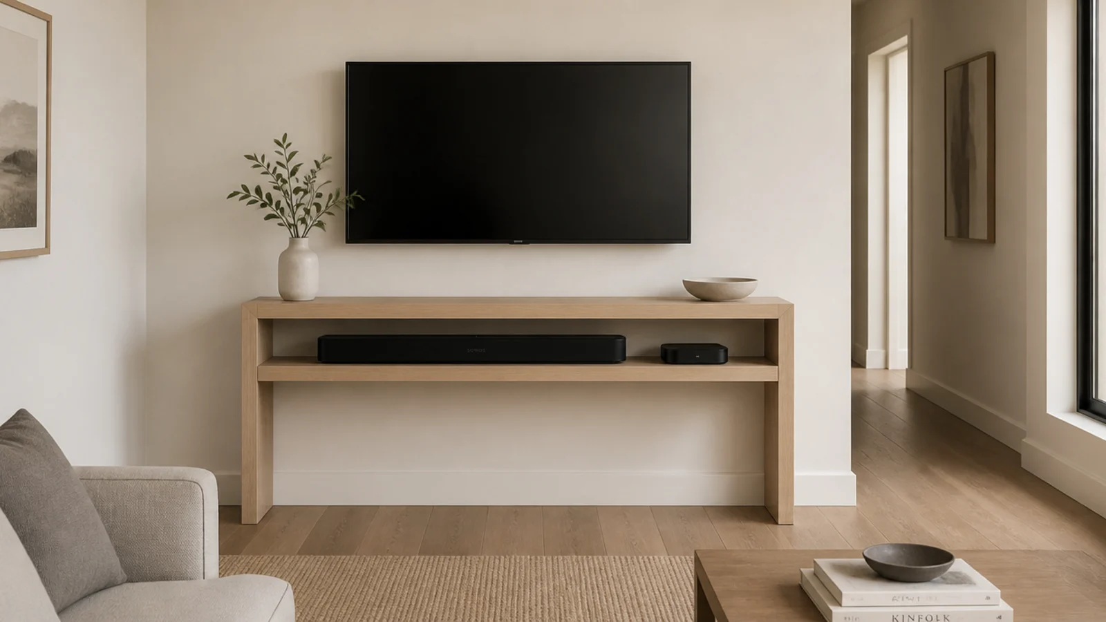 shallow media console pressed against a wall in a narrow living room