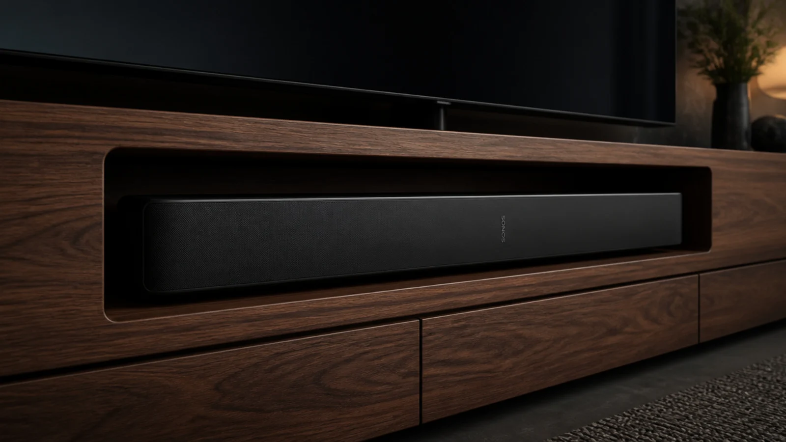 media unit with a purpose built horizontal slot holding a soundbar