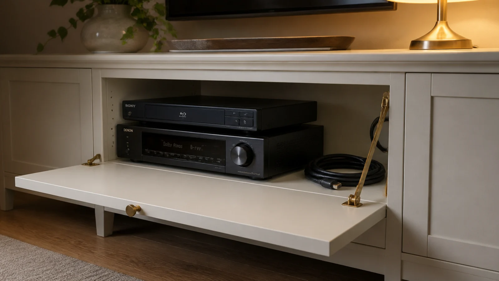 flap door on a media cabinet folded down to reveal devices inside